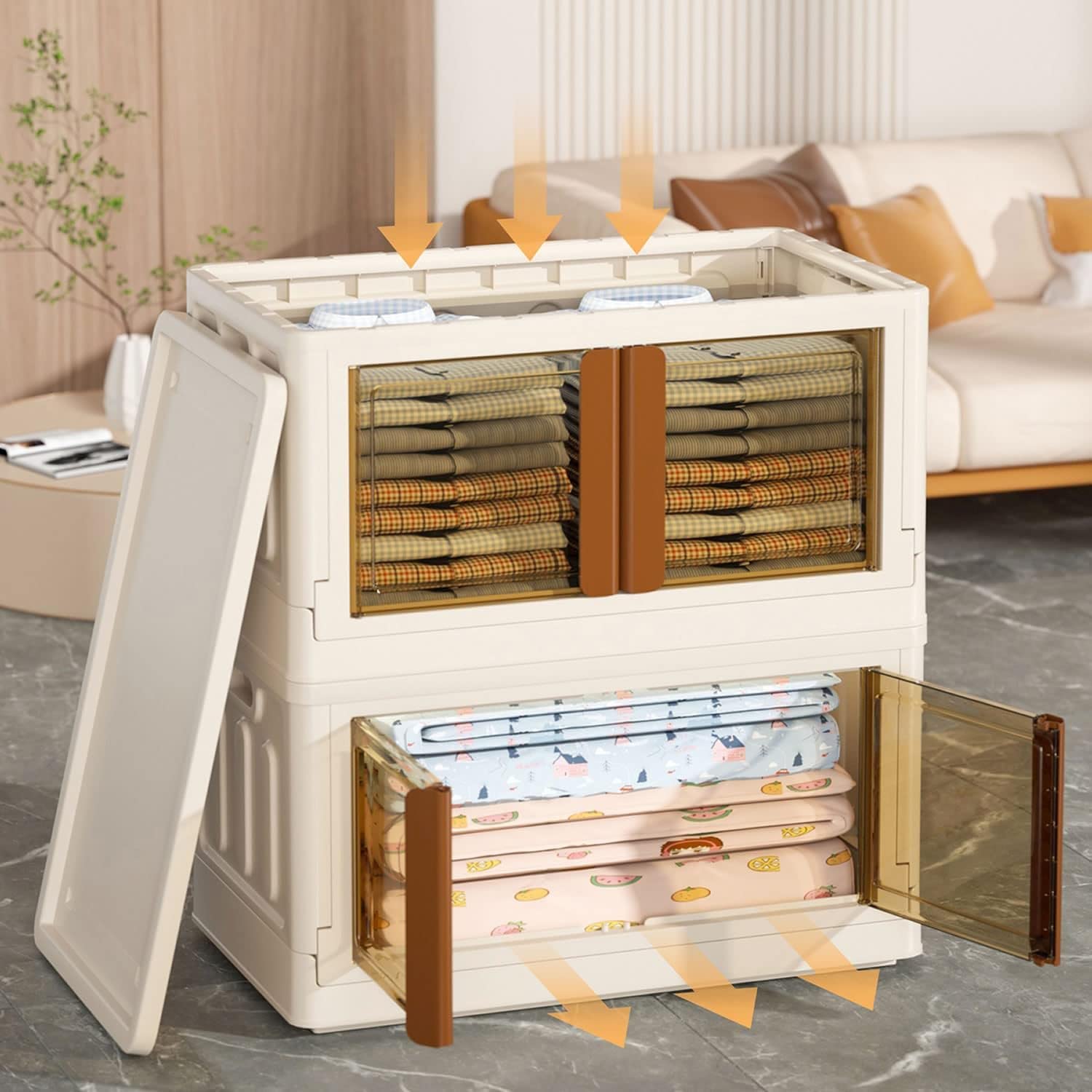 House of Quirk Plastic Storage Bins for Closet Organizers, Folding Storage Box, Stackable Storage Bins with Open Front Door, Collapsible Storage Bins for Office, School 32Litre (Set of 2, Beige)