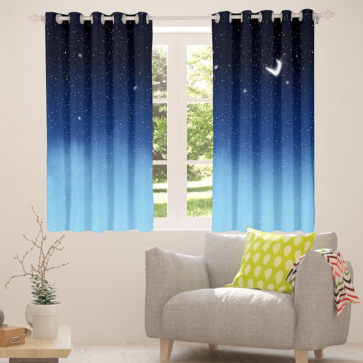 Loussiesd Blaue Galaxie Fenstervorhang 245x140cm Stern Mond Bedrucktes Vorhänge Teenager Kinder Mädchen Jungen Blickdichte Vorhänge Mikrofaser Galaxis Weltraum Thema