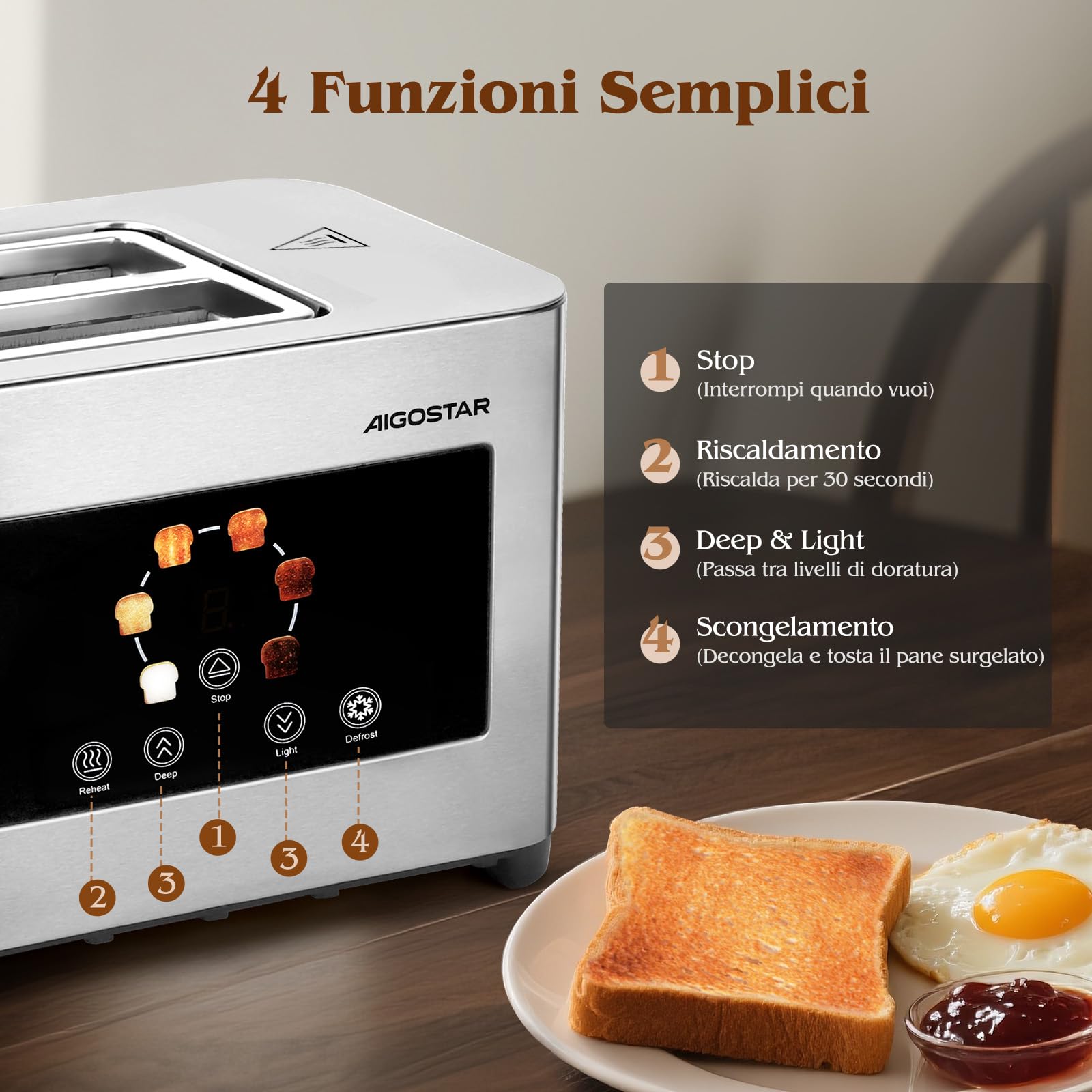 Aigostar Tostapane 2 Fette, LED Touchscreen, Fessure Extra Larghe da 4cm e Centratura Automatica, Tostapane con 6 Livelli di Tostatura, Funzioni di Riscaldamento/Scongelamento/Stop, 850W, Acciaio Inox