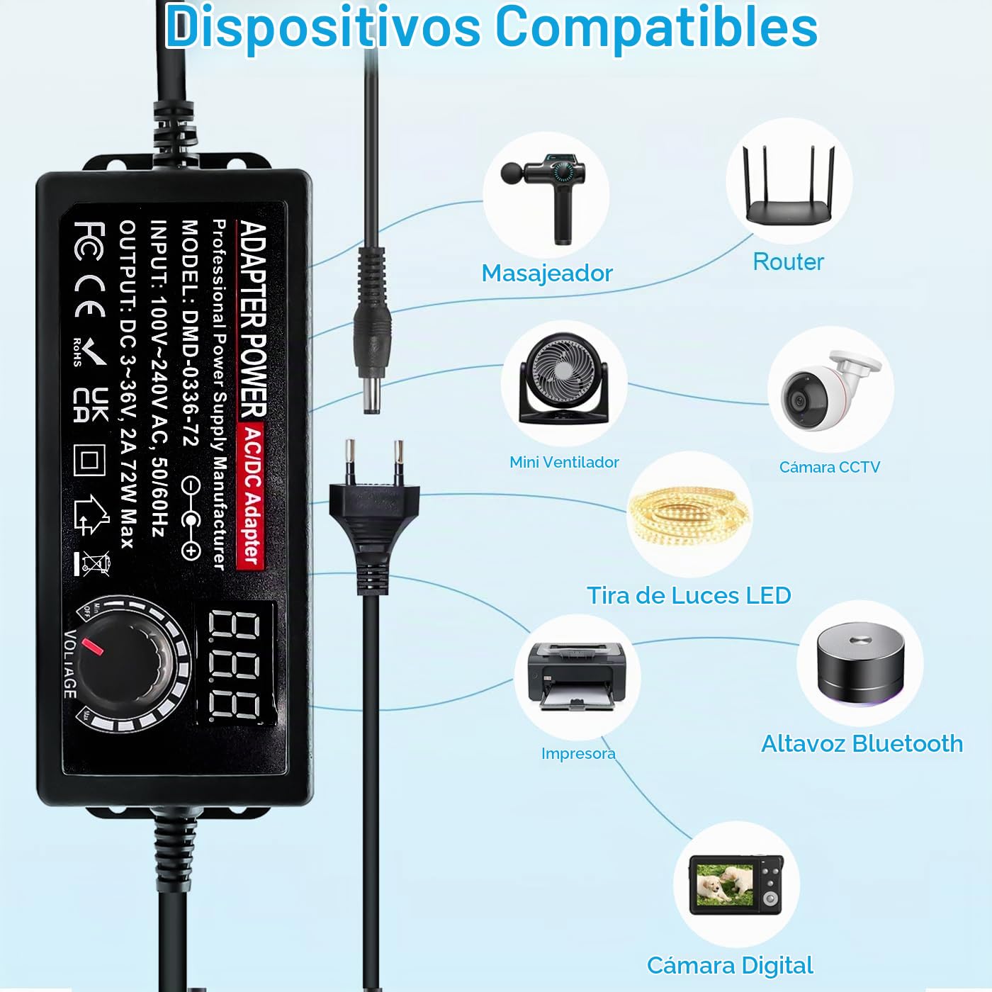 Adaptador de Corriente Universal 2A 72W, 3V-36V Fuente de alimentación Universal 100V-240V AC a DC Adaptador Universal con 14 Conectores y Cable de Polaridad Inversa para Cámara CCTV Enrutador