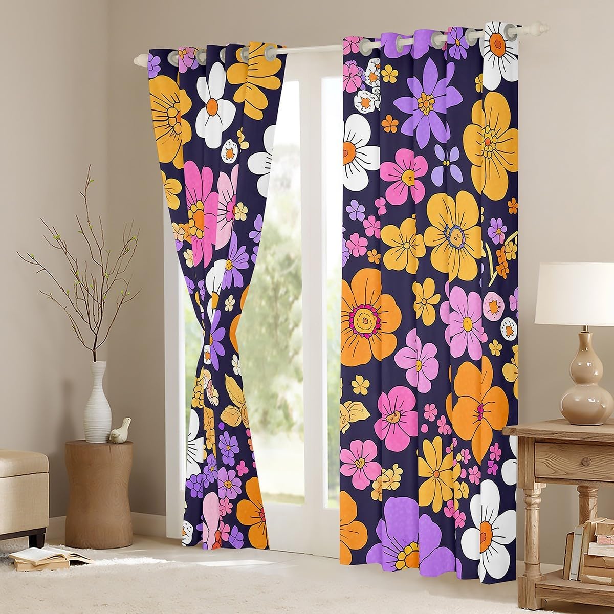 Watercolor Flowers Kids Adults Window Curtain,Groovy Daisy 70s 80s Hippie Style Window Treatment Curtain,Purple Orange Flowers Rustic Style Window Drapes for Teens Child Bedroom Decor,52Wx96L