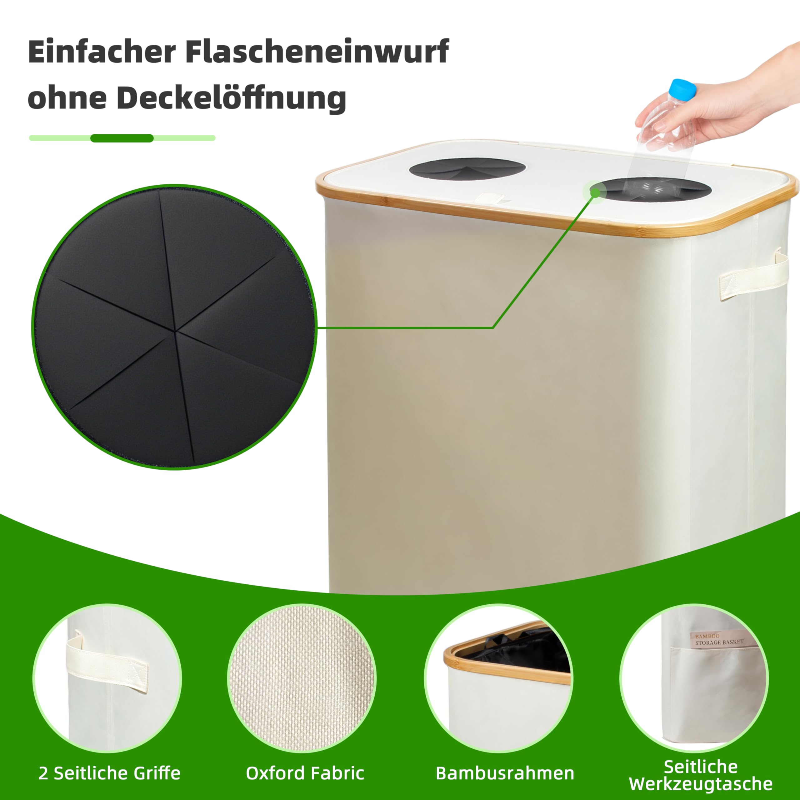 SYLANDO 140L Pfandflaschen Sammelbehälter mit Deckel & XXL Tragetaschen, Flaschensammler für Leergut & Altglas, 2 Fächer Organizer mit Lochdesign, Recycling Behälter für Küche & Abstellraum (Beige)