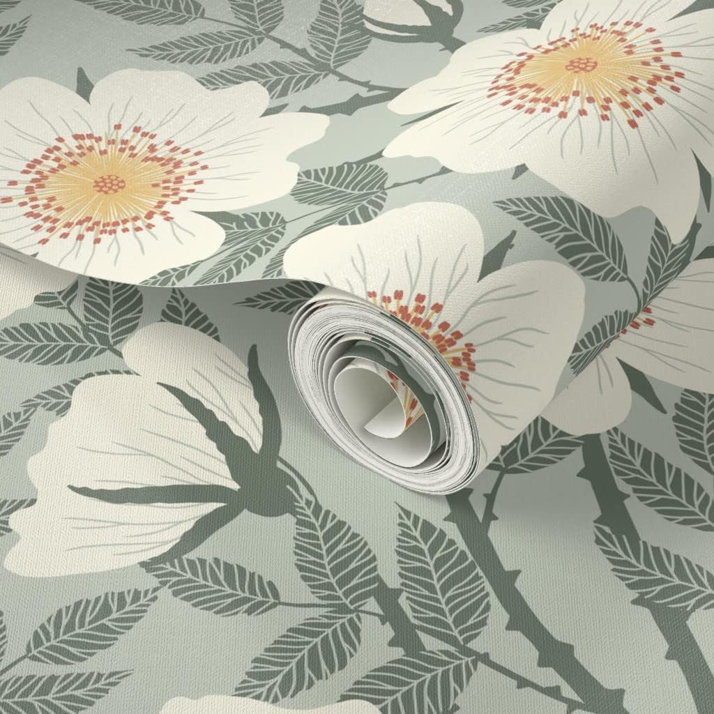 Peel & Stick Wallpaper 3ft x 2ft - Wild Roses Sage Green Vintage Floral Jade Neutral Custom Removable Wallpaper by Spoonflower