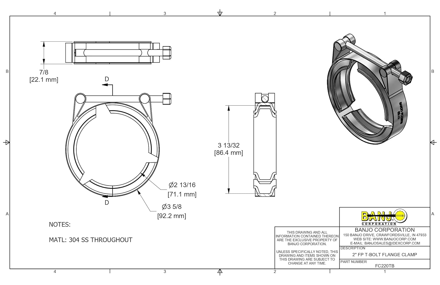 Banjo 2" Manifold Flanged Worm Screw Clamp fits Full Port M220 Flanged Fittings FC220TB