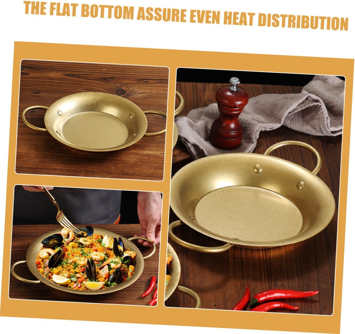 Stainless Steel Spanish Paella Pan 20.5cm round Baking Skillet with Dual Handles for Home Cooking and Restaurant Use Vintage Gold