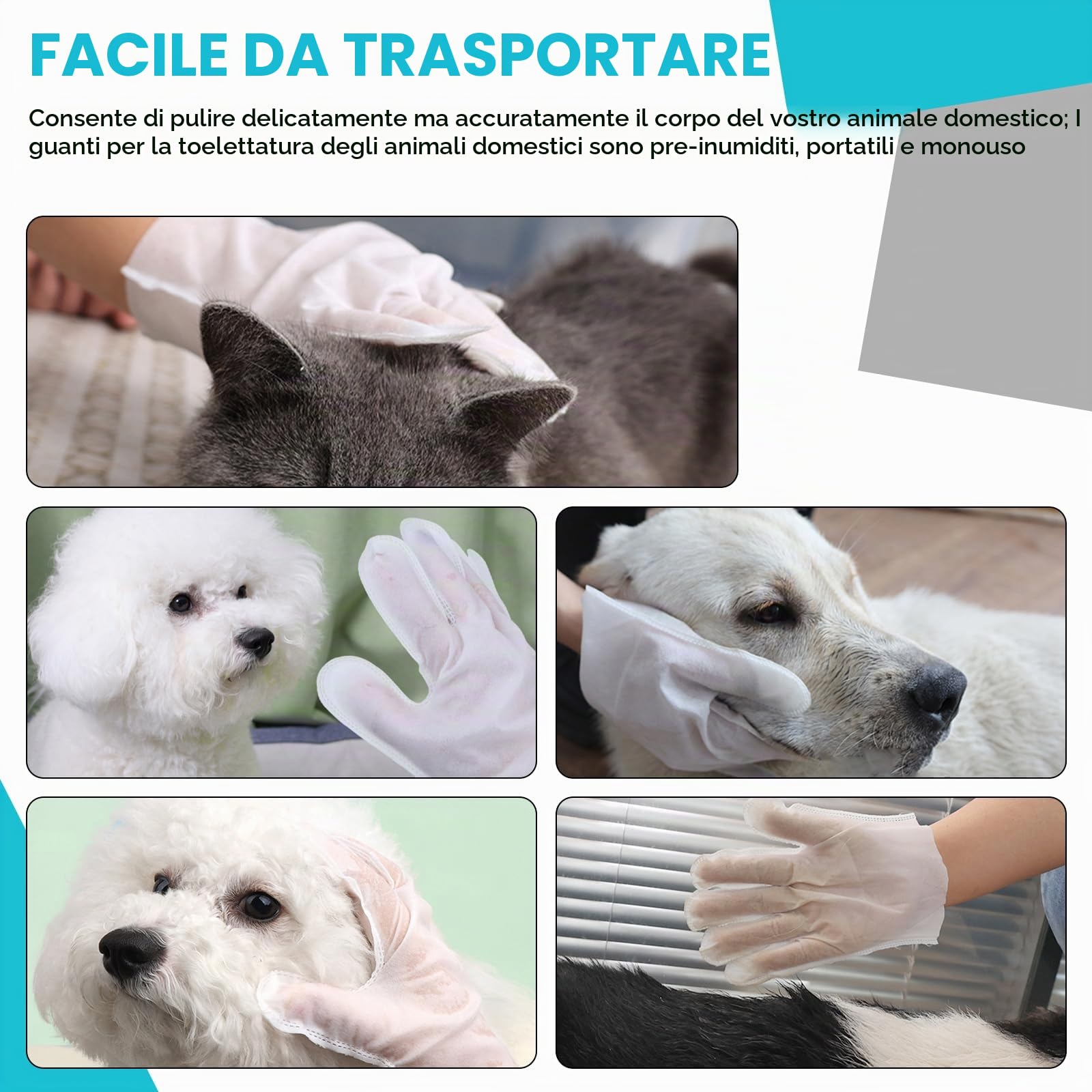 30 salviettine per animali domestici per toelettatura usa e getta per il bagno e la cura per zampe, pelliccia, viso, orecchie, glutei e corpo