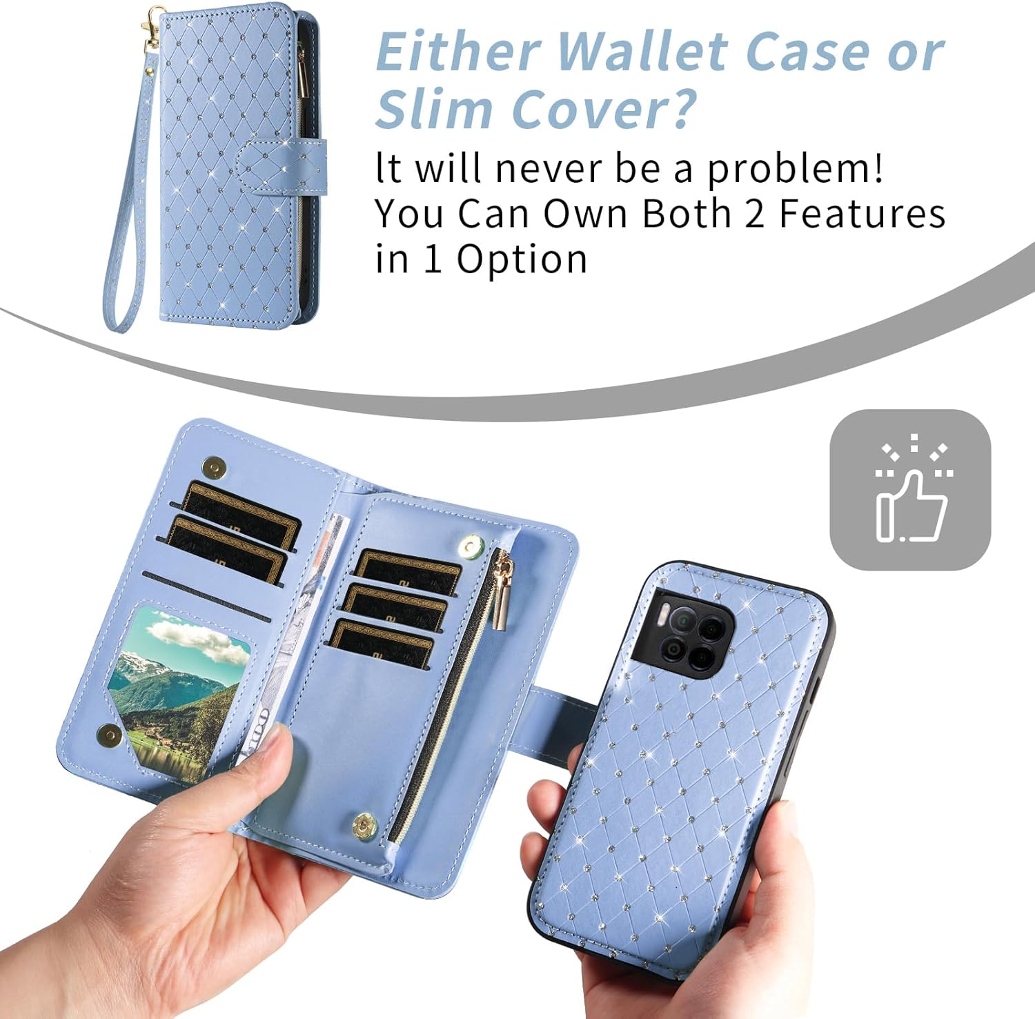 Compatible with T-Mobile Revvl 7 Pro 5G Wallet Case Zipper Cell Screen Protector Crossbody Strap Glitter Flip Card Holder Phone Cover for Tmobile T Mobile Revel Tmo Revell Rebel Women Light Blue