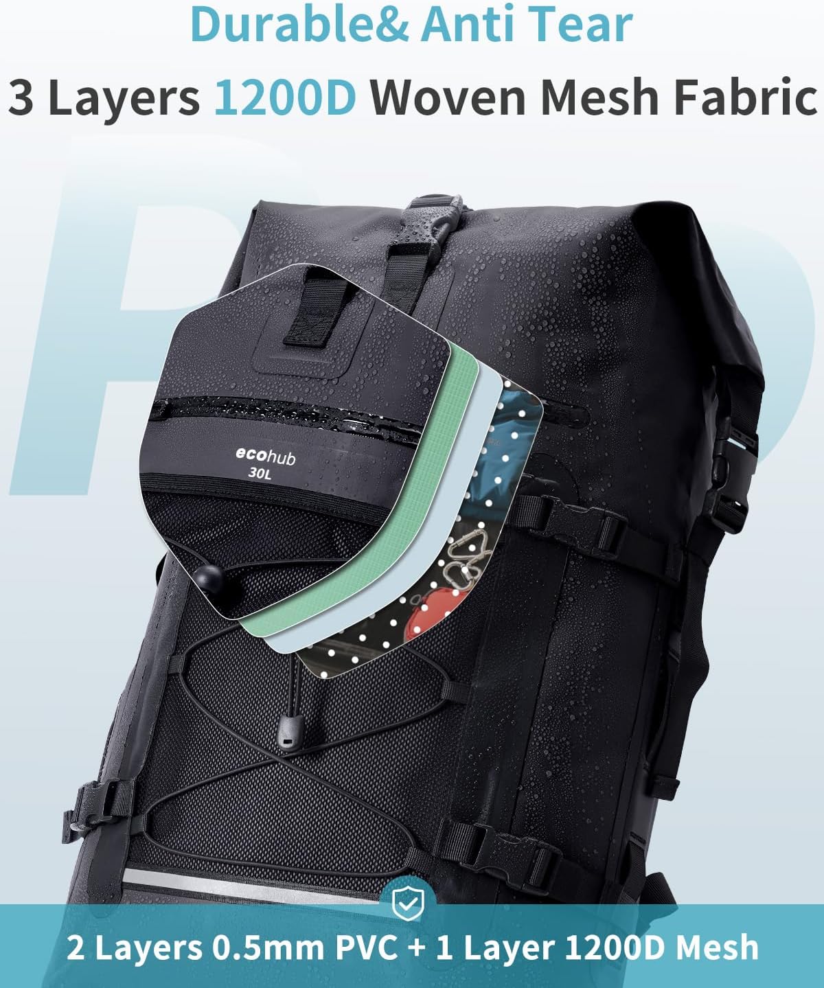 ECOHUB Waterproof Backpack for Women Men, 30L Roll-Top Closure Heavy Duty Dry Bag for Travel with IPX8 Waterproof Phone Case - Image 6