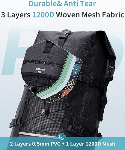 Miniatura 6 de ECOHUB Mochila impermeable para mujeres y hombres, 30L con cierre enrollable resistente para viajes con funda impermeable IPX8 para teléfono