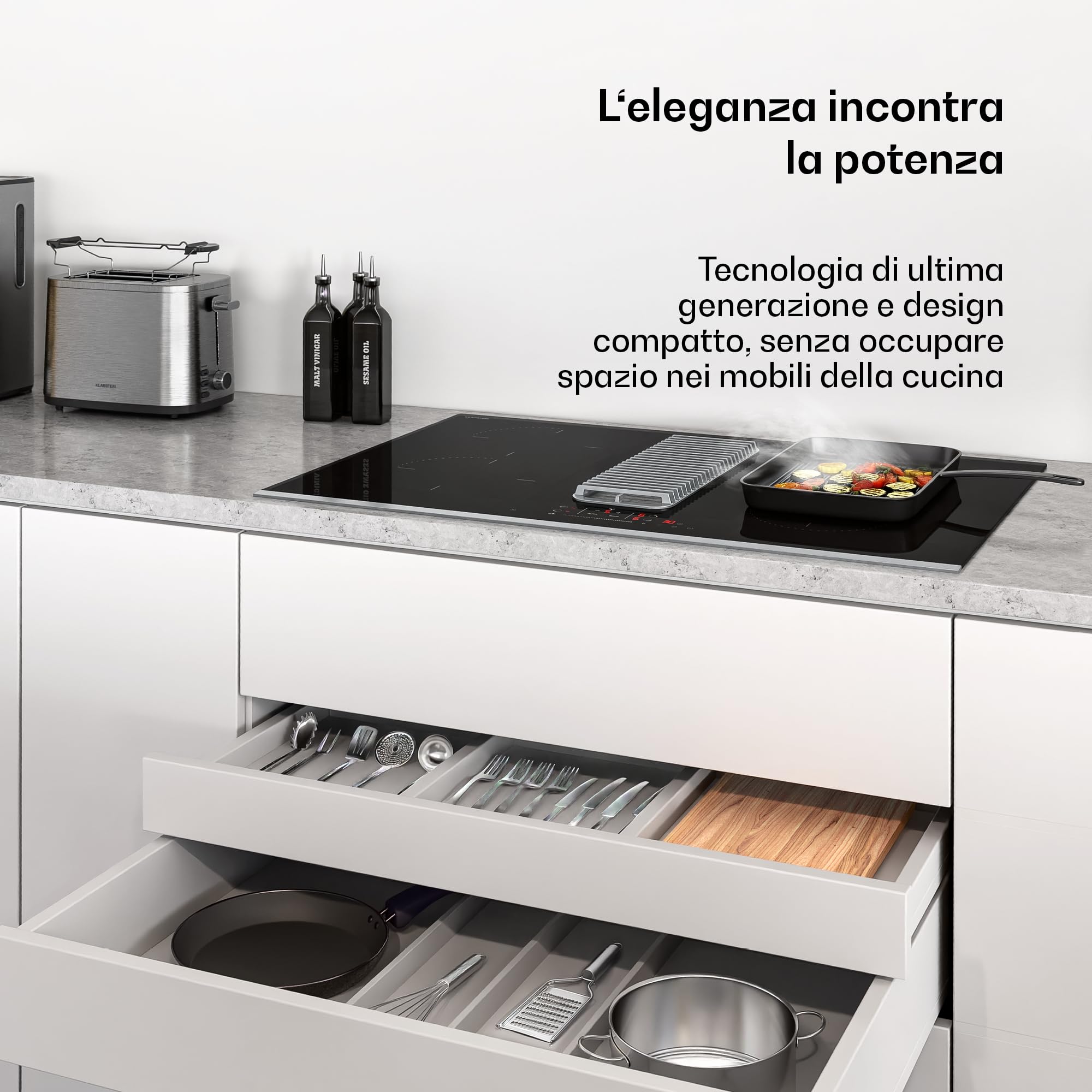 Klarstein Verosteel Piano Induzione con Cappa Integrata - 80cm, 4 Zone, 7400W, Touch Slider, Timer, Blocco Bambini, Vetro Nero, Cappa 590 m³/h, Piano Cottura Integrata
