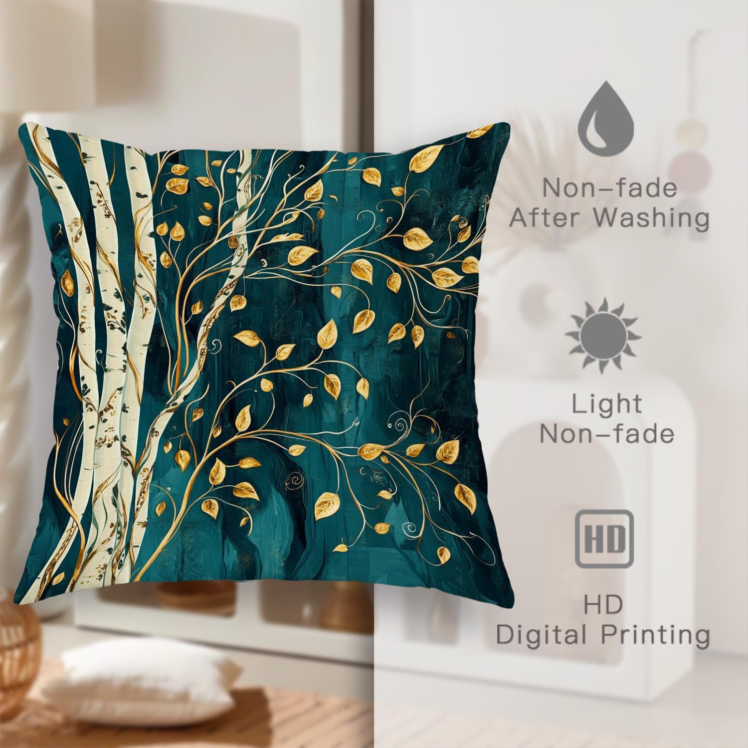 Autumn Birch Tree Throw Pillow Covers Set of 2, Teal Gold Leaves Decorative Cushion Cases, Seasonal Nature Inspired Home Decor for Sofa Bed Couch 24x24 Inch