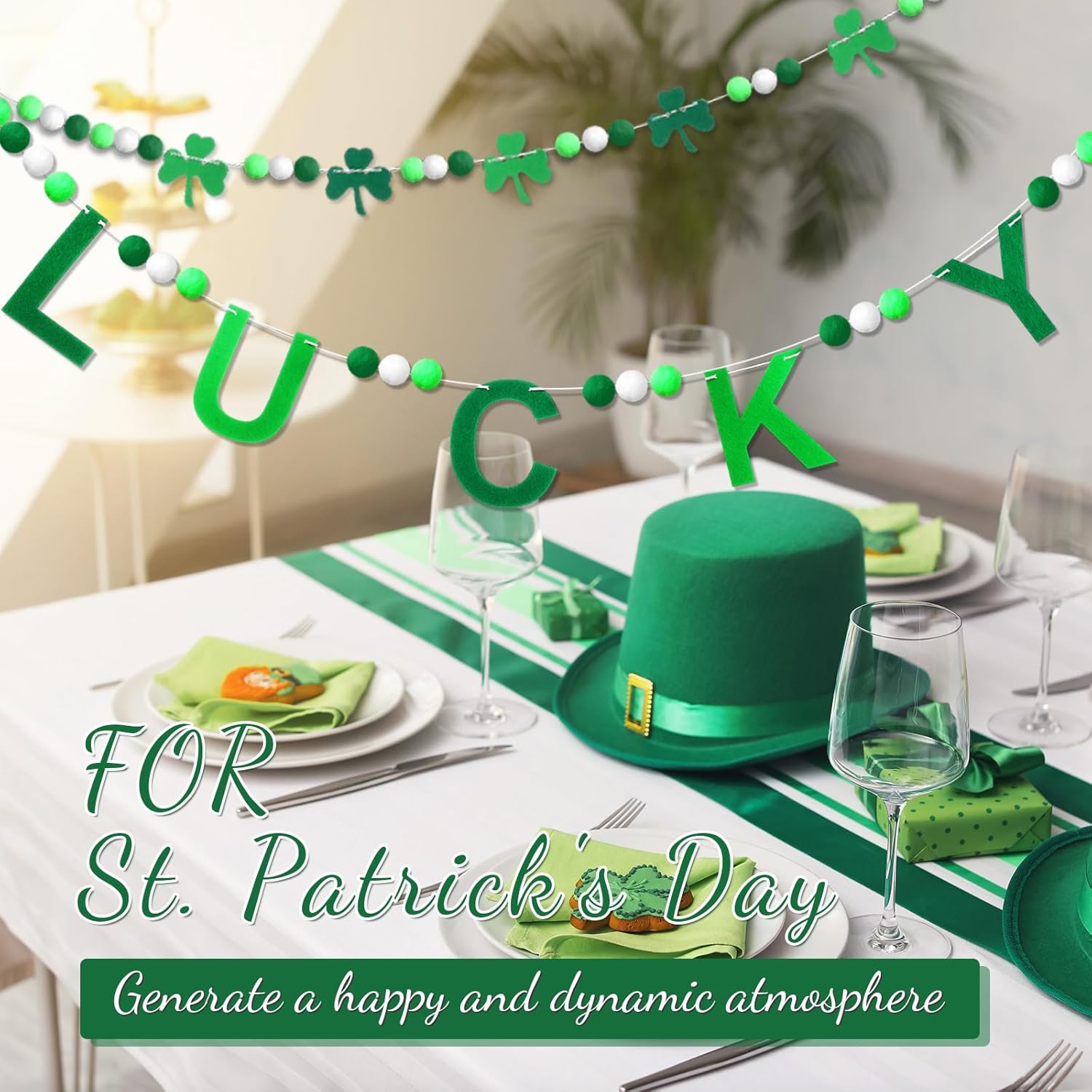 Breling 3 Pieces St. Patrick's Day Pompom Garland 10ft Lucky Felt Ball Garland Shamrock Decorations Banner for Mantle Fireplace Room St Patrick's Party Hanging Decor