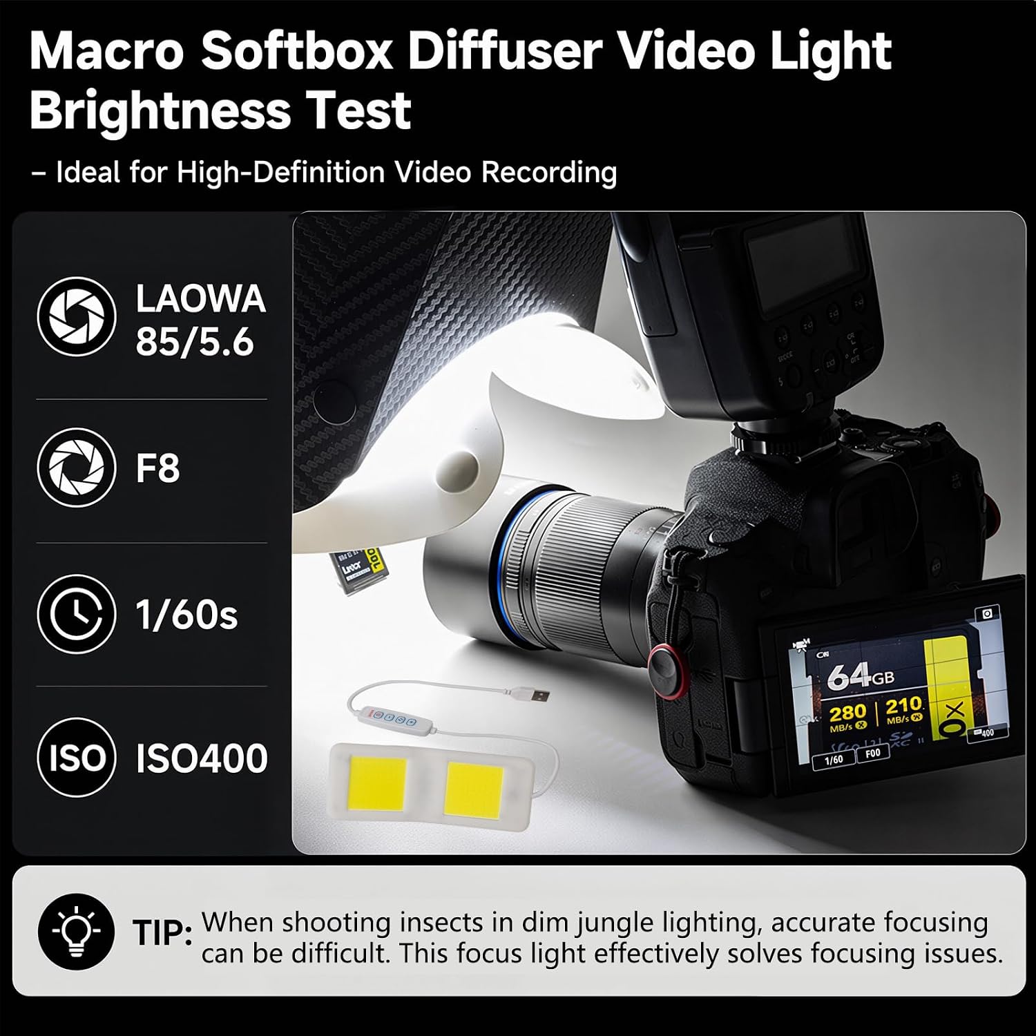 Macro Fill Light for Macro Flash Diffuser Softbox, 5V 10W LED White Diffuser Light, Portable Macro Photography Focus Assist Light for Insect Shooting and Close-Up Video