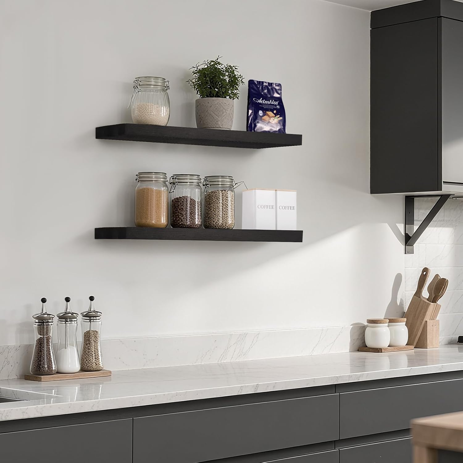 Solid Wood Floating Shelves for Wall 24 inch Bathroom Hanging Wall Shelves Set of 2 for Living Room Bedroom Kitchen Farmhouse 24x6.7 inch - Black