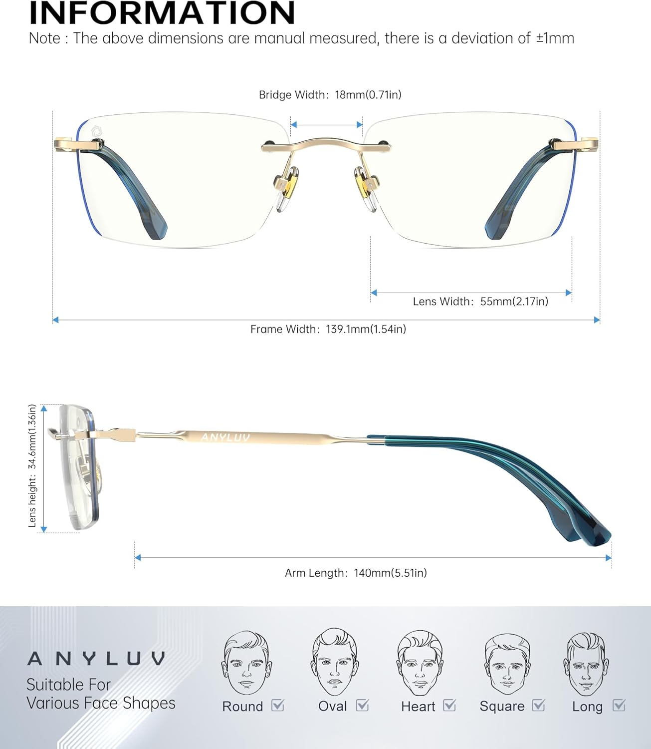 ANYLUV Rimless Blue Light Glasses for Women/Men, Fashion Lightweight Blue Light Blocking Glasses with Stylish Metal Temples