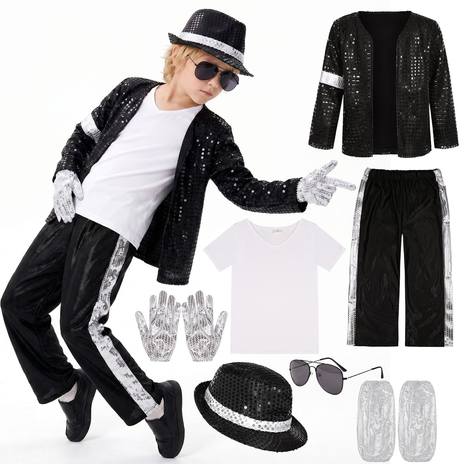 Kids King of Pop Musician Costume for Boys 7-Piece Set Sequin Jacket Striped Pants with Hat Sunglasses Gloves and T-Shirt 80s 90s Music Icon for Halloween Party Stage Performance and Fancy Outfits