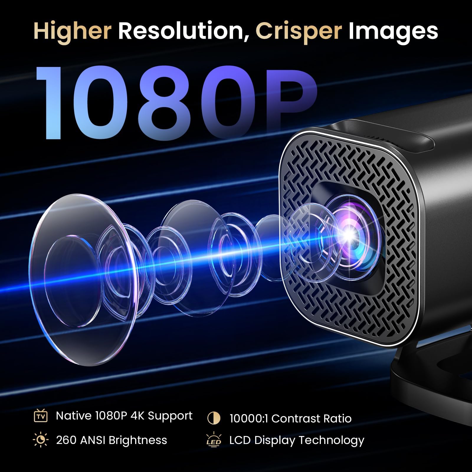 Proyector Portátil 4K Support, Mini Proyector HD 1080p Exterior Cine Jardin | 22.000 Lúmenes 260 ANSI, Android 12.0, WiFi 6 Bluetooth 5.4, Auto Keystone 270°Rotation Zoom Ajustable para Juegos Dormitorio