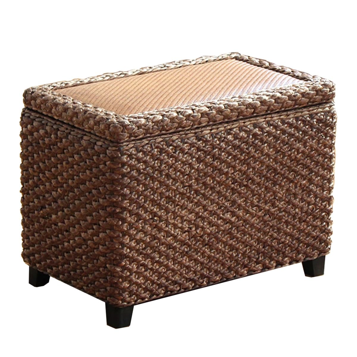 Pouf avec rangement rectangulaire et repose-pieds tissé main en jonc