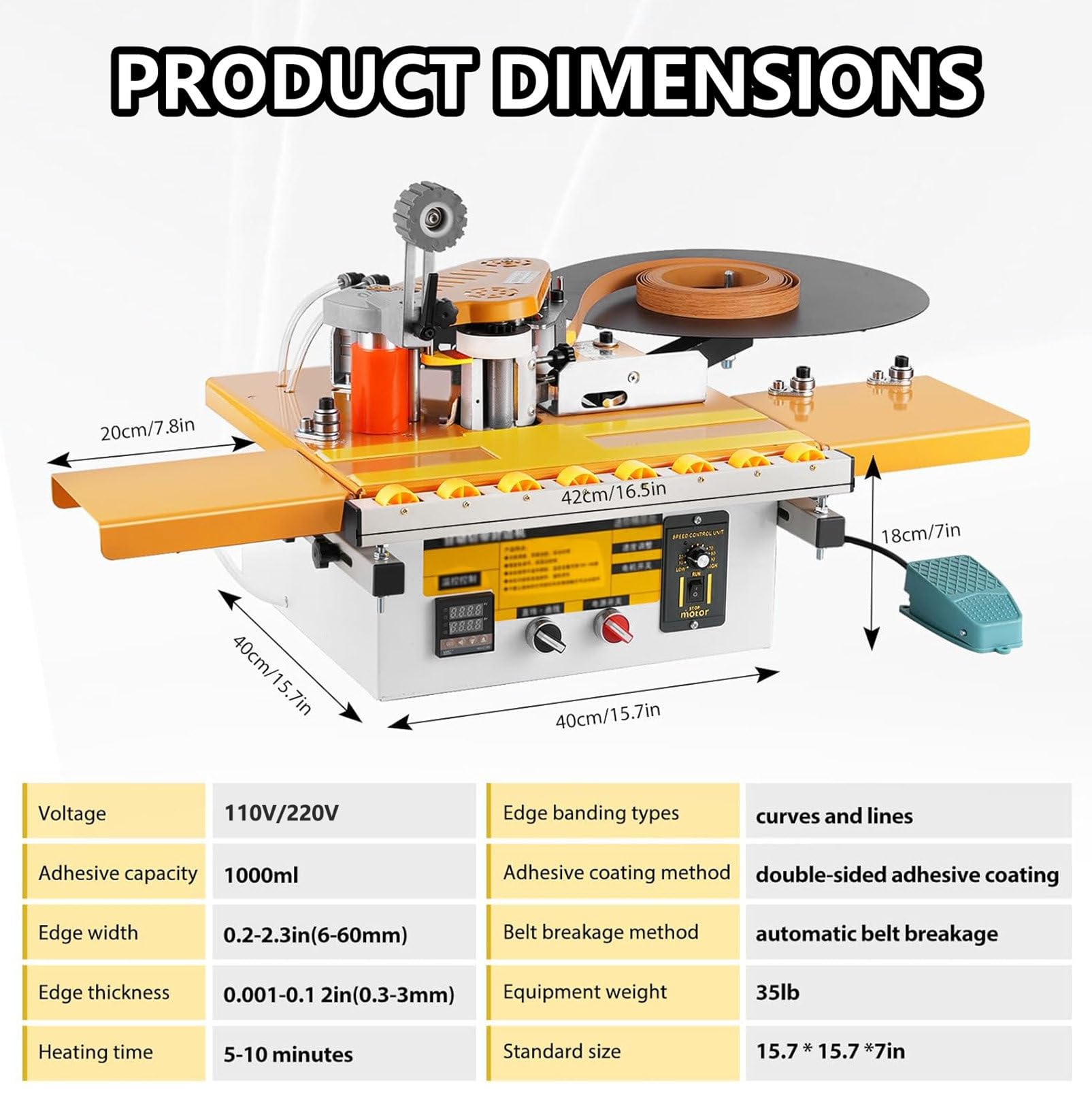 Encoladora de Cantos Automática con Corte de Cinta, Canteadora para Madera Curva/Recta 1200 W, con Pegado por Doble Cara y Control de Temperatura, Ancho de Banda de 6-60 mm B