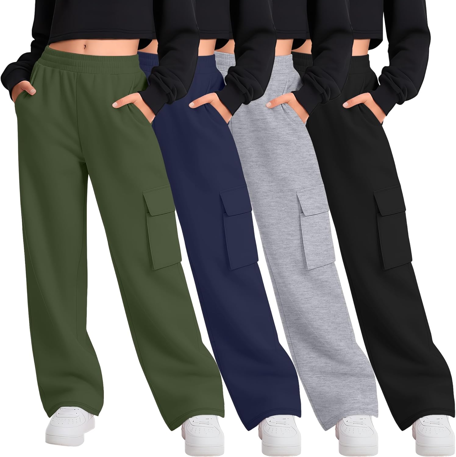 4 Pack Girl's Wide Leg Sweatpants with Cargo Pockets Baggy Elastic High Waist Pants Kids Casual Athletic 5-14Y