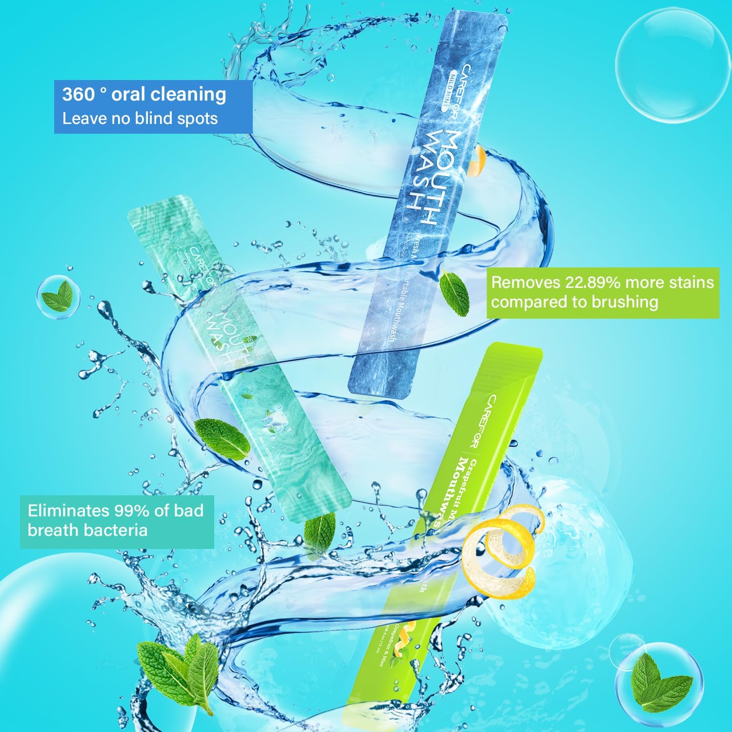 Travel Size Mouthwash Portable Packets to Go,20 Individual Disposable Packs, Alcohol & Fluoride Free, 3 Refreshing Flavors (Fresh Mint, ICY Mint, Grapefruit Mint) Fresh Oral Hygiene (20) - Image 2