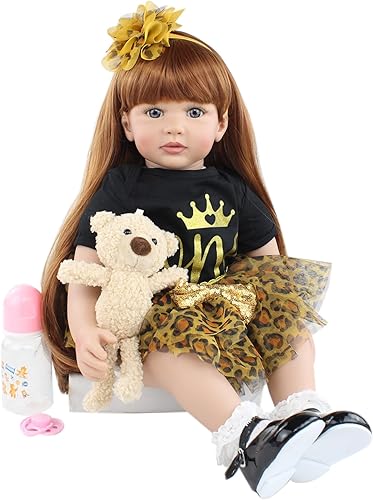Miniatura 2 de RXDOLL Muñecas realistas de 24 pulgadas para bebé Reborn de la vida real, cuerpo de tela de silicona, cabello castaño largo con bonito vestido para
