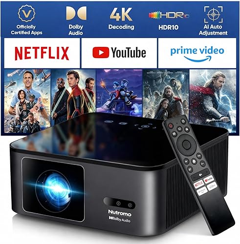 Proyector 4K compatible con Netflix, 2000 ANSI, enfoque automático AI, tapa de lente, proyector de películas inteligentes para exteriores con WiFi y