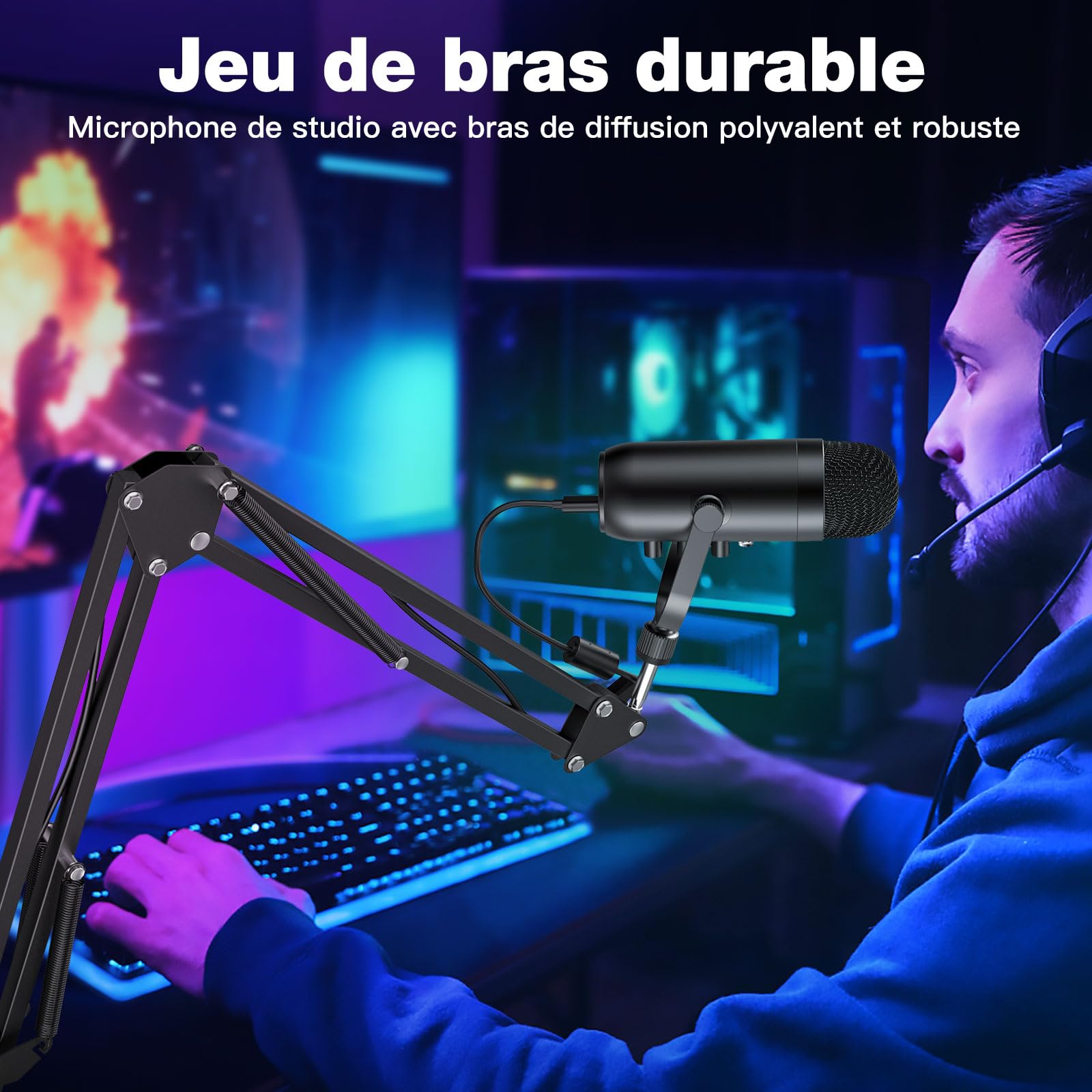 zealsound Microphone USB Gaming- Micro à Condensateur pour iPhone/PC/Mac/PS4&PS5, Micro Streaming/Youtube/Podcast, Bouton Muet/Gain/Echo, Bras Inclus - Kit Complet pour Enregistrement K66 avec Boom