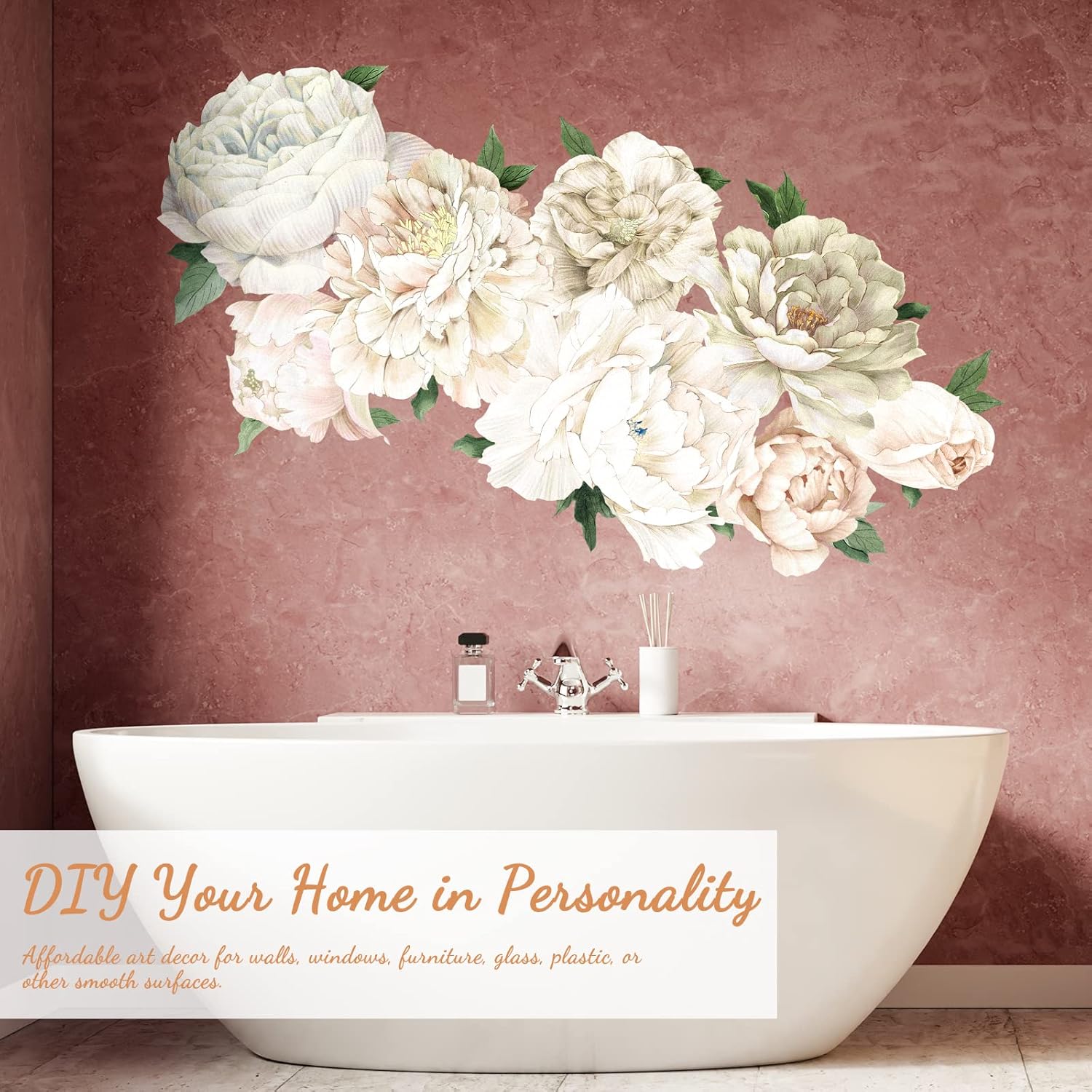 Large White Peony Floral Wall Decals Peel and Stick Vinyl Peony Flower Wall Wtickers Decor for Living Room Bedroom Nursery Kids Room Bathroom