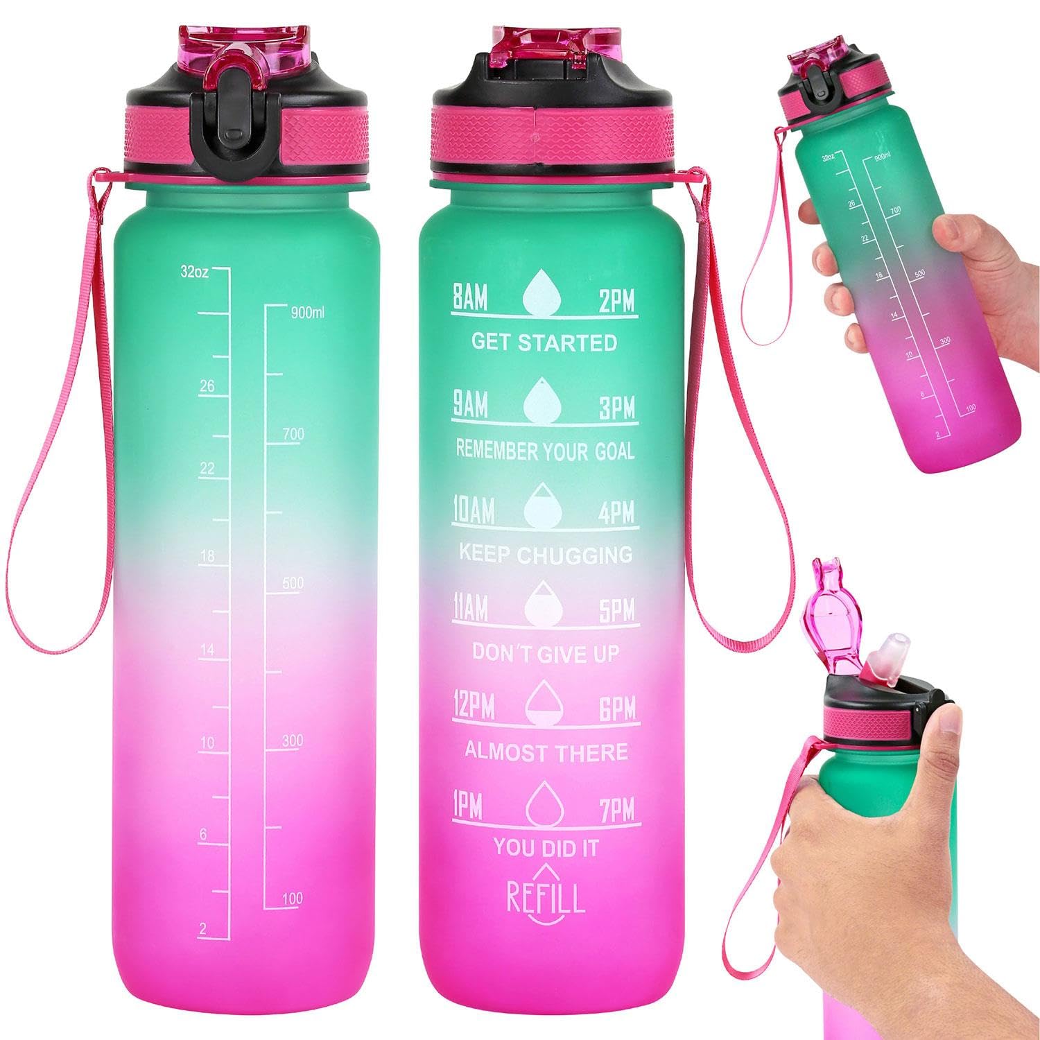 Livhome Green/Pink 1L Leakproof Hourly Water Bottle, Bpa-Free Plastic Bottle With Straw, Time-Marking Intake Tracker, Motivational Gym & Sports Hydration Bottle For Adults ()