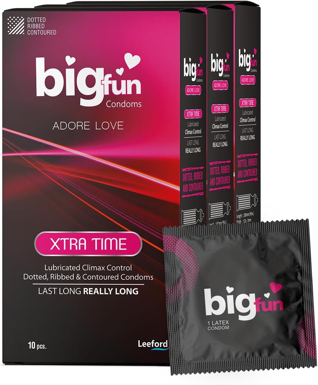 Bigfun Xtra Time Climax Control Condom | Prolong Pleasure, Boosts Confidence | Ribbed, Dotted & Contoured Design | Trusted Protection | Enhanced Sensitivity & Comfort | Pack of 3