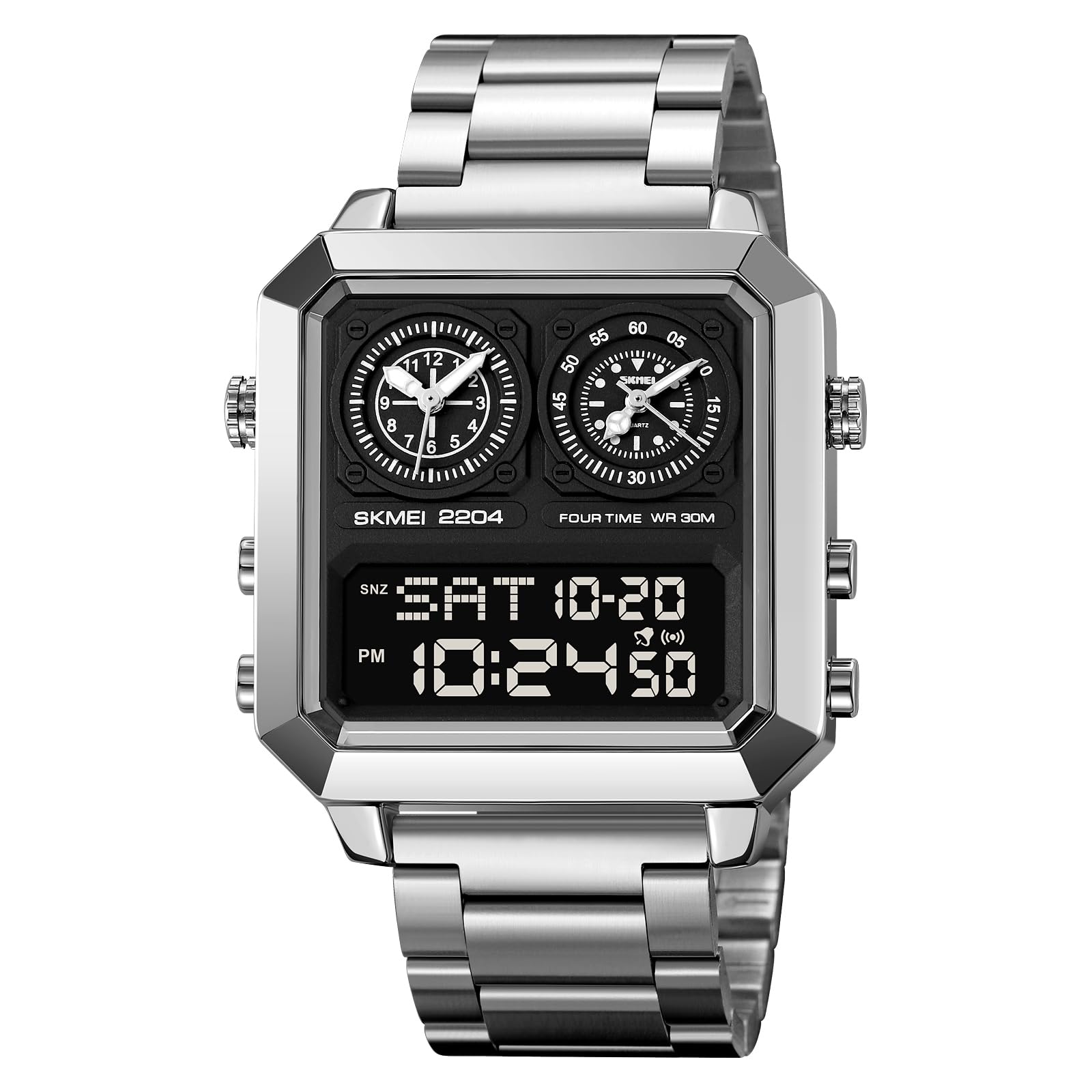 Orologio da uomo multifunzione, digitale, analogico, alla moda, casual, con luce EL, quadrante quadrato, doppio timer, conto alla rovescia, impermeabile, cinturino in acciaio inox color oro rosa