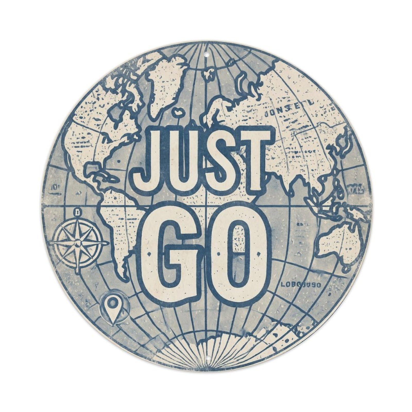 Vintage World Map with Compass Just Go Thoroughfare Metal Tin Sign