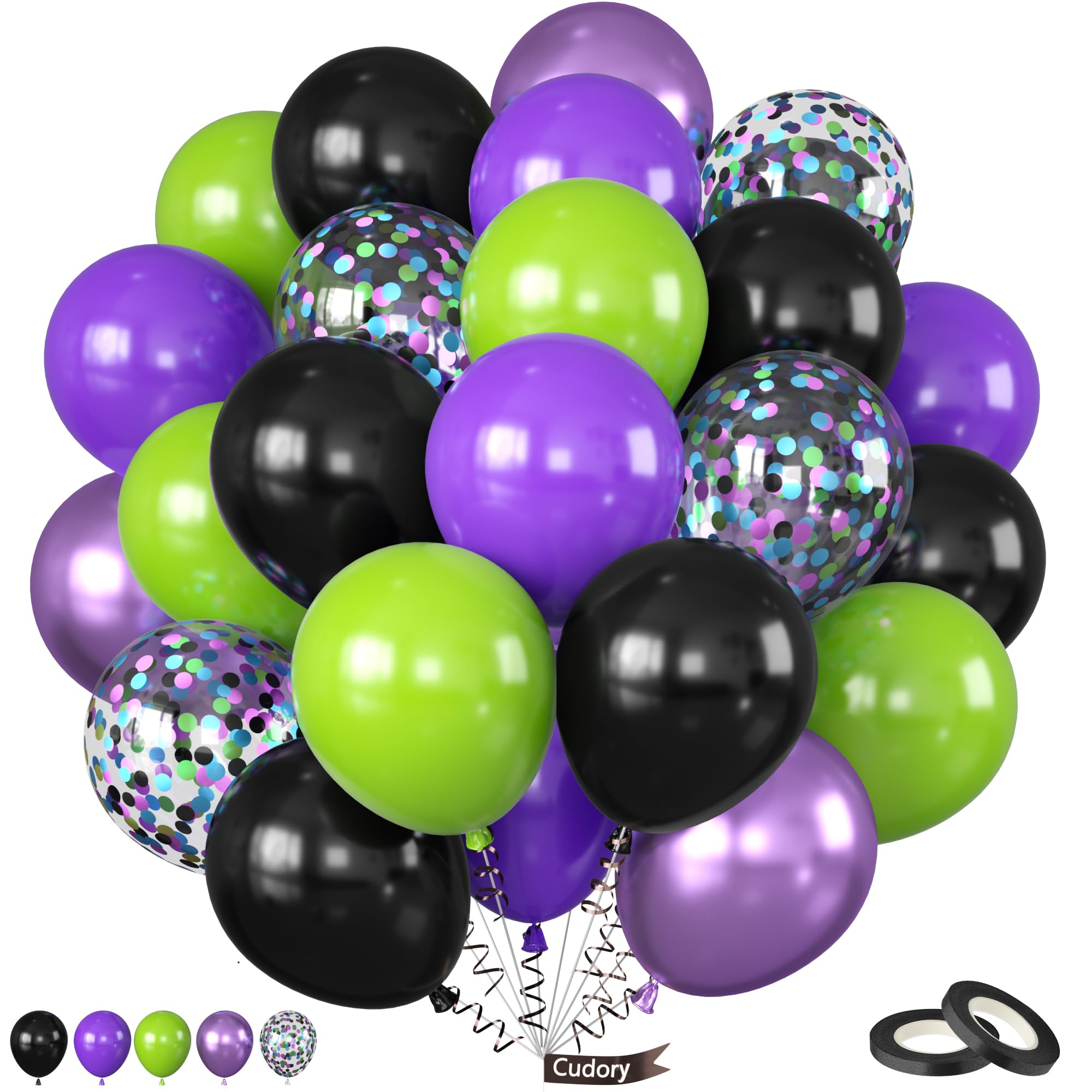 Purple Green Black Balloons, 12 Inch Fruit Green Metallic Purple Black Balloon Confetti Balloon for Boys Baby Shower Engagement Racing Birthday Party
