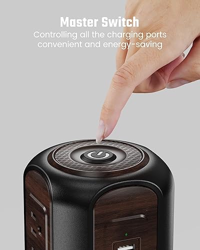 Vista 5 de SUPERDANNY - Torre de tira de alimentación con protector contra sobretensiones, cable de extensión de 10 pies con múltiples tomas, 9 salidas, 4