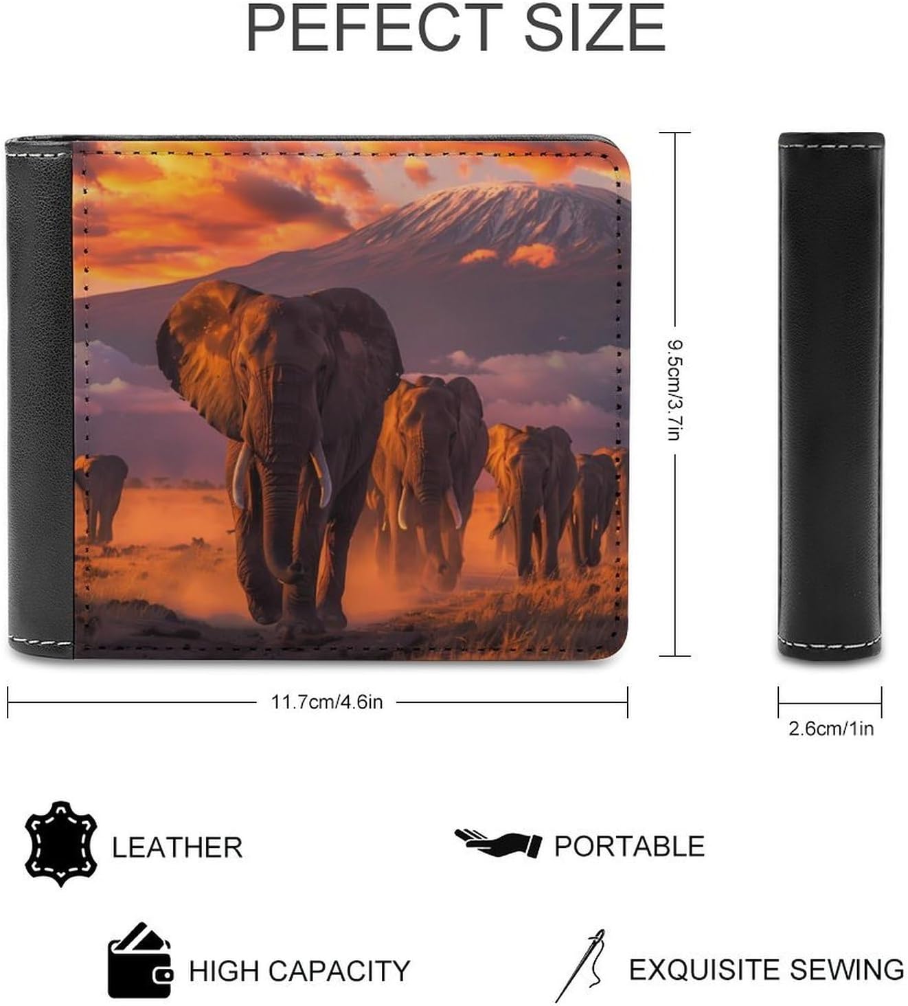 Elephant Herd Mount Kilimanjaro Men Bifold Wallet Slim PU Leather Purse image 2