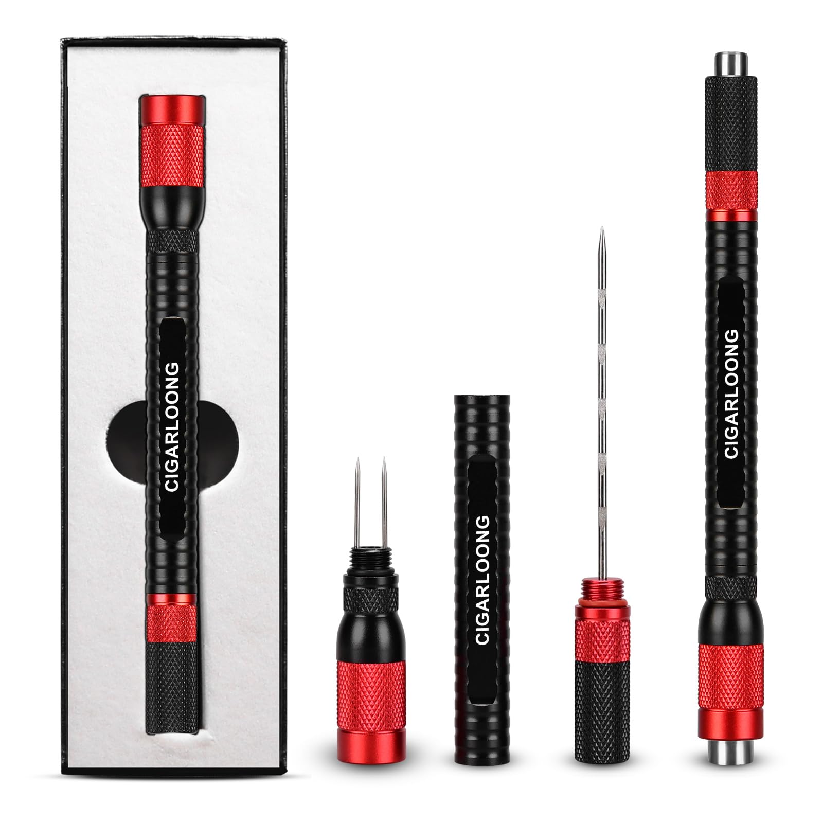 Outil 4 En 1 Pour Cigare - Poinçon Double Taille 8mm & 11mm Aiguille Déblocage Fourche - Boîte Cadeau (Noir & Or) Outil Déblocage Tirage Cigare