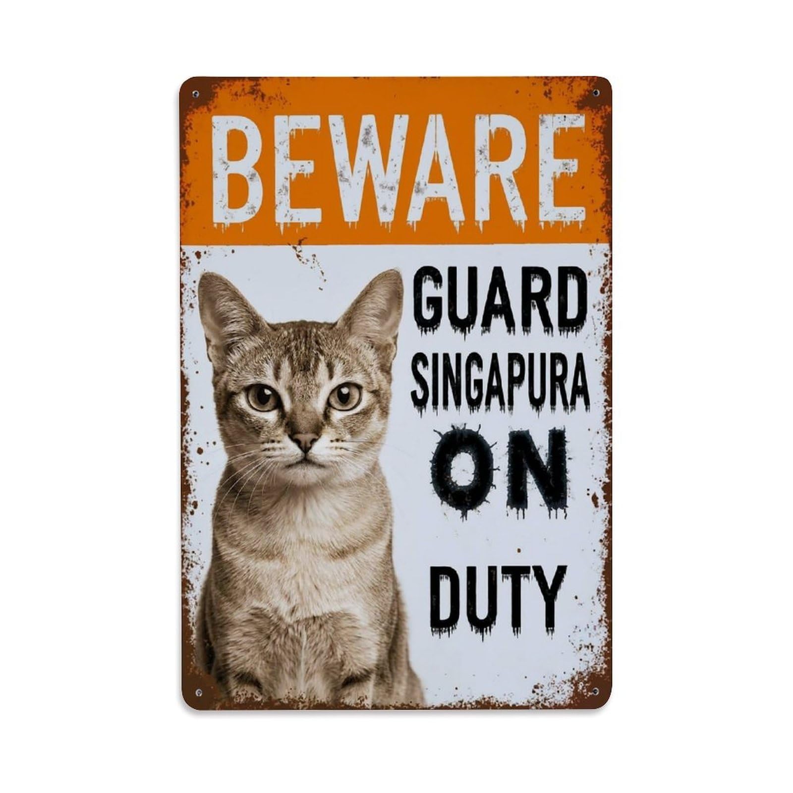 Vintage Funny Singapura Guard Beware of Cat Garage Metal Tin Sign Plaque Wall Decor for Cafe, Club Bar, Office, Garden Metal Poster 8x12Inch