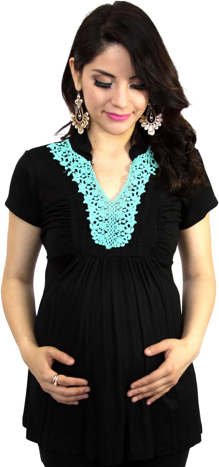Blue Turquoise Embroidery Black Maternity Womenโs Short Sleeve Top