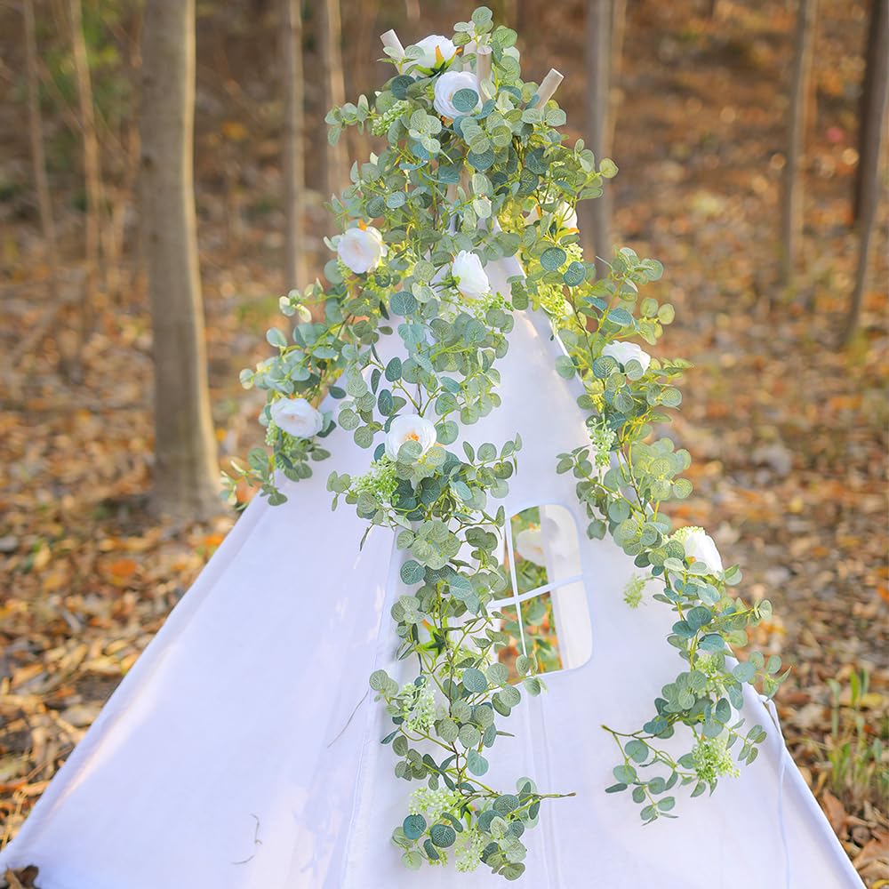 HOCEDO 2/4 pièces 2M Artificielle Eucalyptus Soie Rose camélias Fleurs Fausse Vigne Suspendue pour fête de Mariage Maison Arc Table décoration
