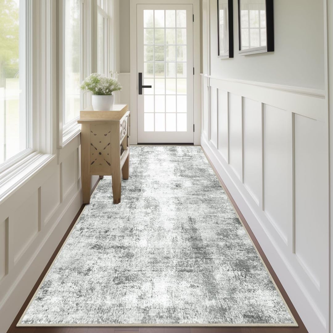 Capslpad 2.6x8 Grey Abstract Hallway Runner, Ultra Soft Fabric Washable Runner Rug, Non-Slip Rubber Backing, Stain Resistant Low Pile Runners for