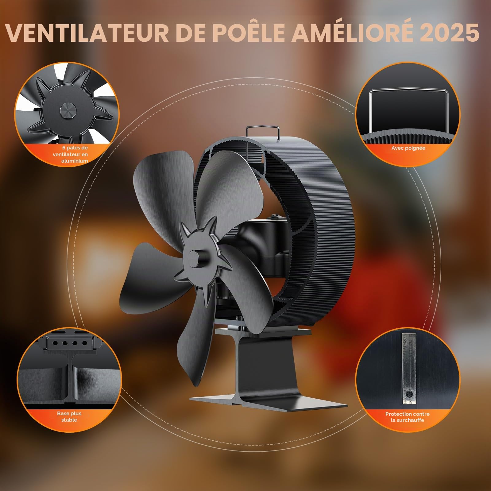 Ventilateur Poele à Bois avec thermomètre, ventilateur oscillant à 60° avec 5 pales de 210 mm, fonctionnement thermique et silencieux (sans électricité) pour poêles à bois/Cheminée/Gaz