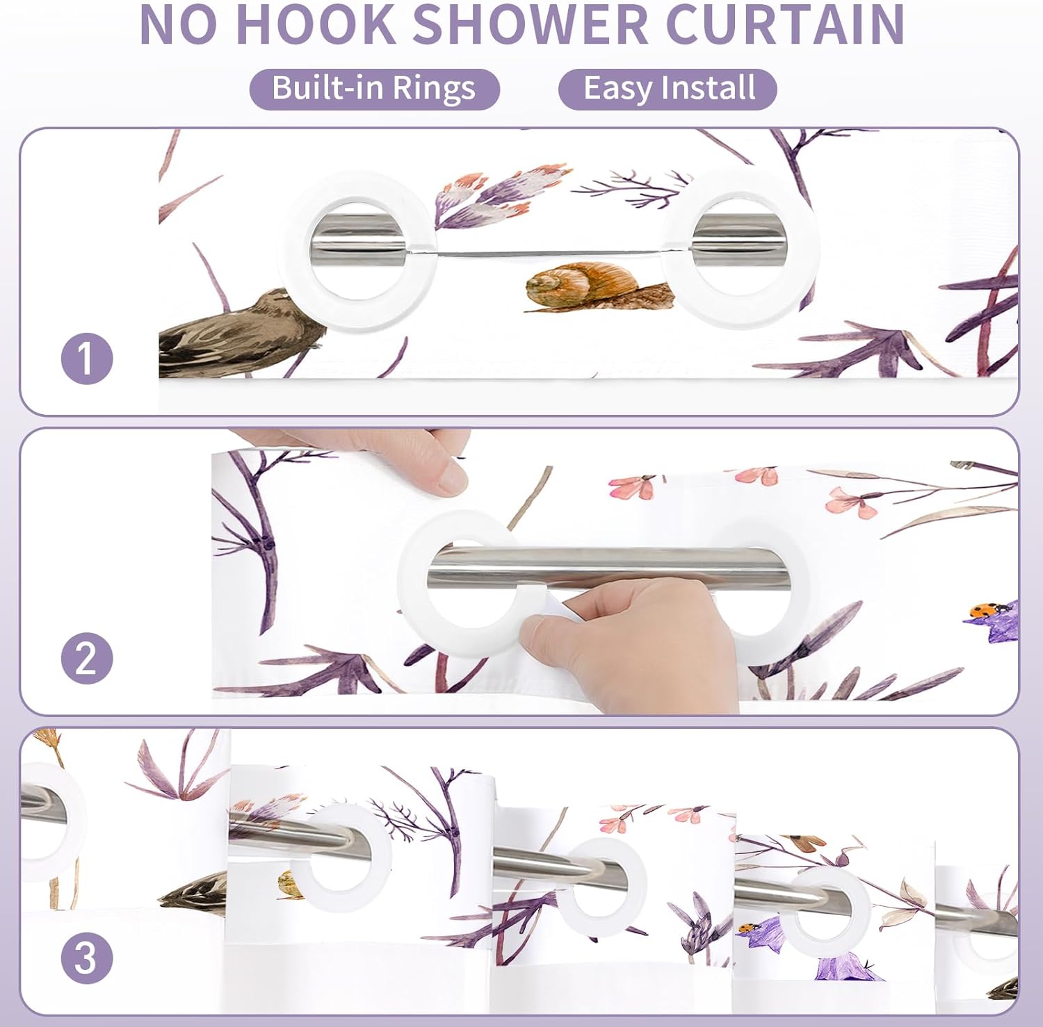 Purple Cute Floral Long Shower Curtain and Liner Set 72 x 80, No Hook 80 inch Long Watercolor Birds, Butterflies, Snails & Flower Design Shower Curtain Set with Snap-in Liner
