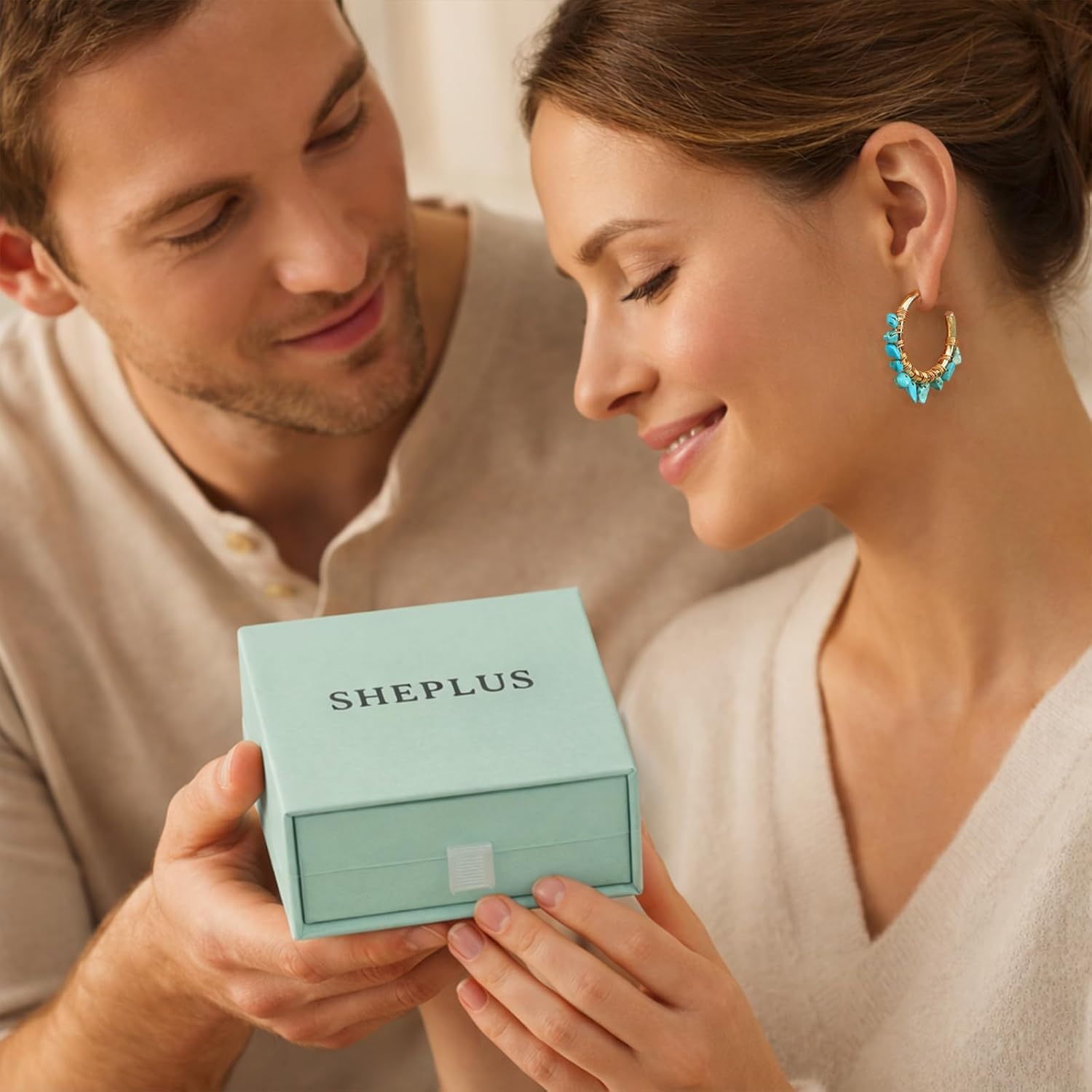 Genuine Turquoise Gold Hoop Earrings Handmade Statement Lightweight Real Western Jewelry for Valentine's Day Gift - Image 2