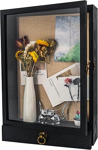 Miniatura 9 de FramePro Marco de caja de sombra profunda de 11 x 16 pulgadas con cajón y parte trasera de línea suave, vitrina de madera, caja de memoria de vidrio