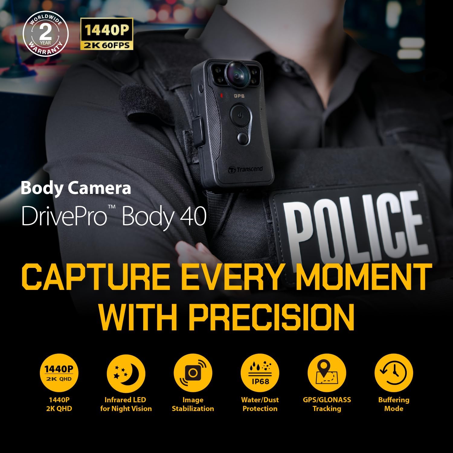 Transcend DrivePro Body 40 camera being splashed with water, illustrating its IP68 protection.