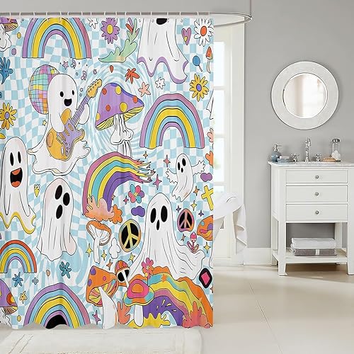 Miniatura 2 de Cortina de ducha gótica de Halloween con diseño de fantasmas de dibujos animados, 72 pulgadas de ancho x 72 pulgadas de largo, flores hippie groovy,
