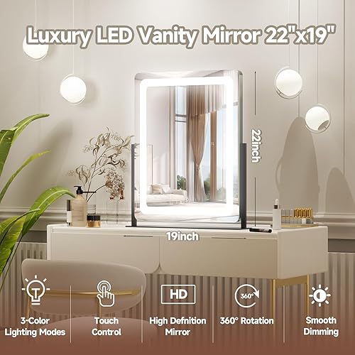 Miniatura 3 de PRIMETEK Vanity Mirror with Lights, 19"x22" Large Makeup Mirror with Lights, LED Lighted Makeup Mirror, Touch Screen with 3-Color Lighting, Dimmable