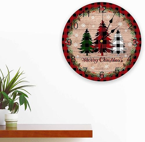Miniatura 3 de Reloj de pared de PVC silencioso de Navidad de 10 pulgadas, reloj de pared redondo de búfalo rojo y negro a cuadros, árbol de Navidad, copo de