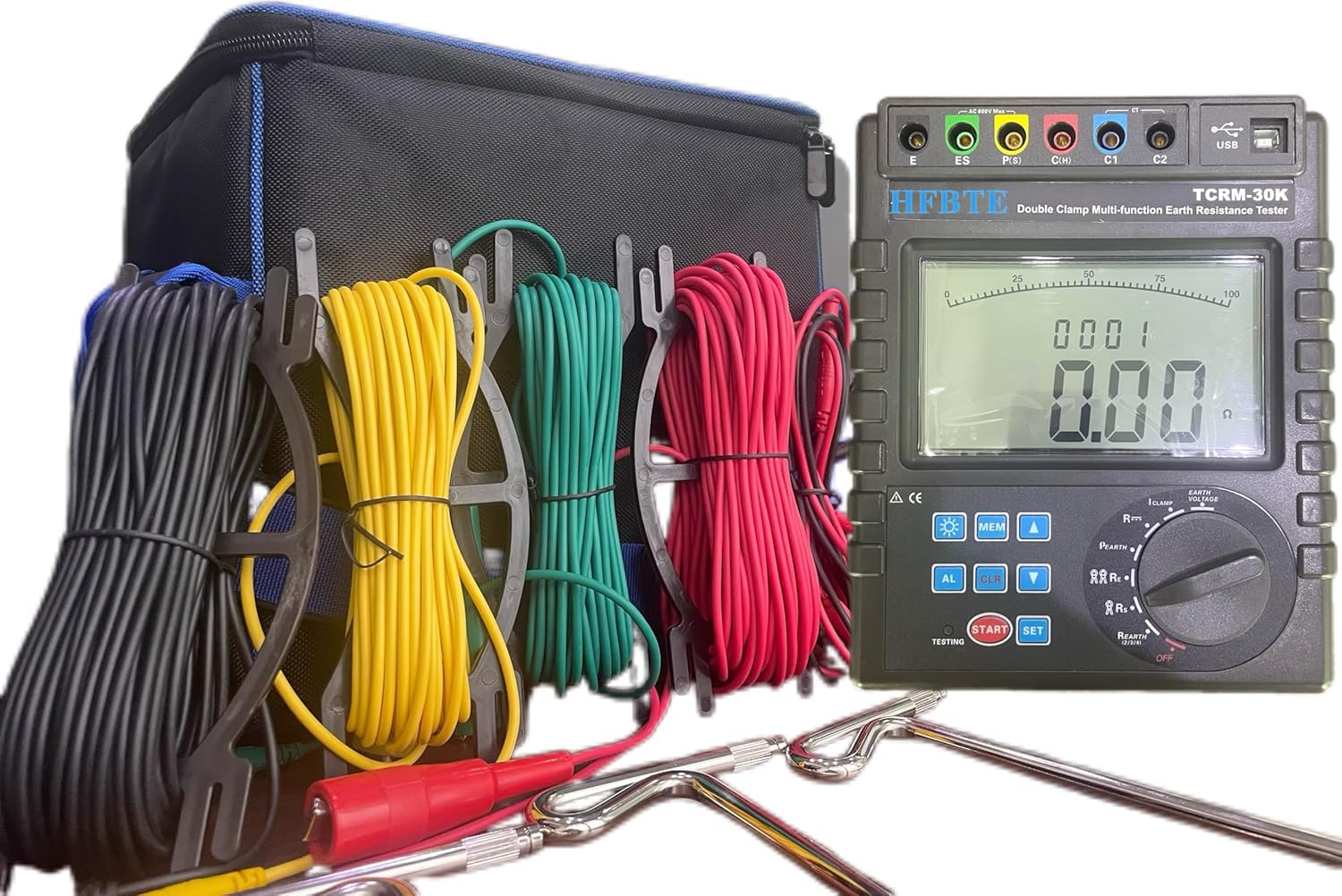 Portable Double Clamp Earth Resistance Meter Tester with Multifunction Earth Voltage AC 0.0V~100.0V Earth Current 0.00mA~600.0A Earth/DC Resistance 0.00Ω~30.00kΩ Soil Resistivity 0.00Ωm~9000kΩm